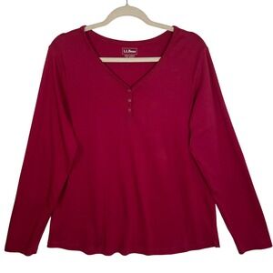 L L Bean Womens Long Sleeve Henley T Shirt Red Cotton XL REG